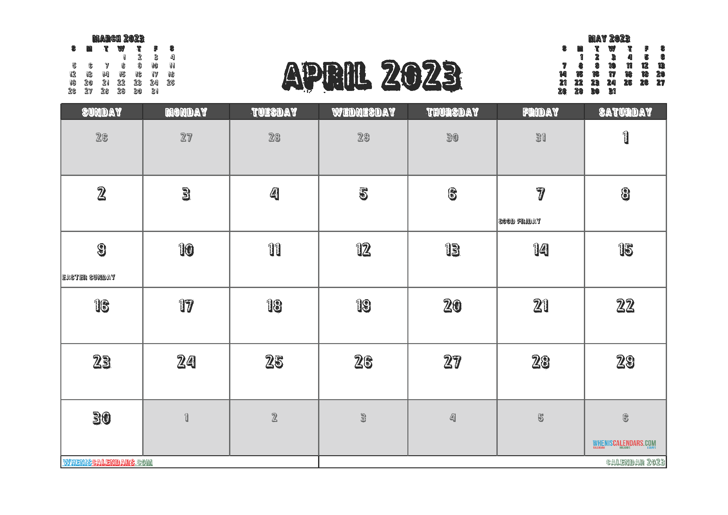 Free Printable April 2023 Calendar with Holidays PDF in Landscape (TMP: 423ha4hl109)