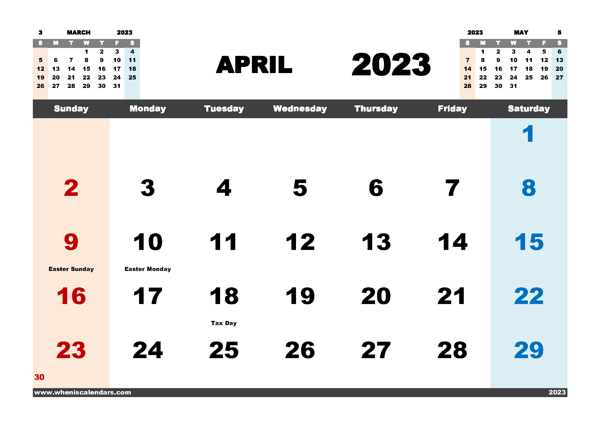 Free April 2023 Calendar Printable PDF in Landscape Format