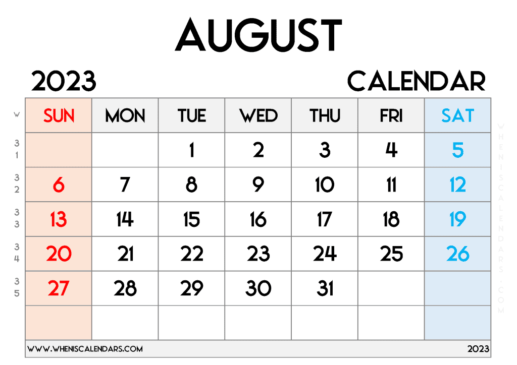 Free August 2023 Calendar with Week Numbers Printable Monthly Calendar in Landscape 