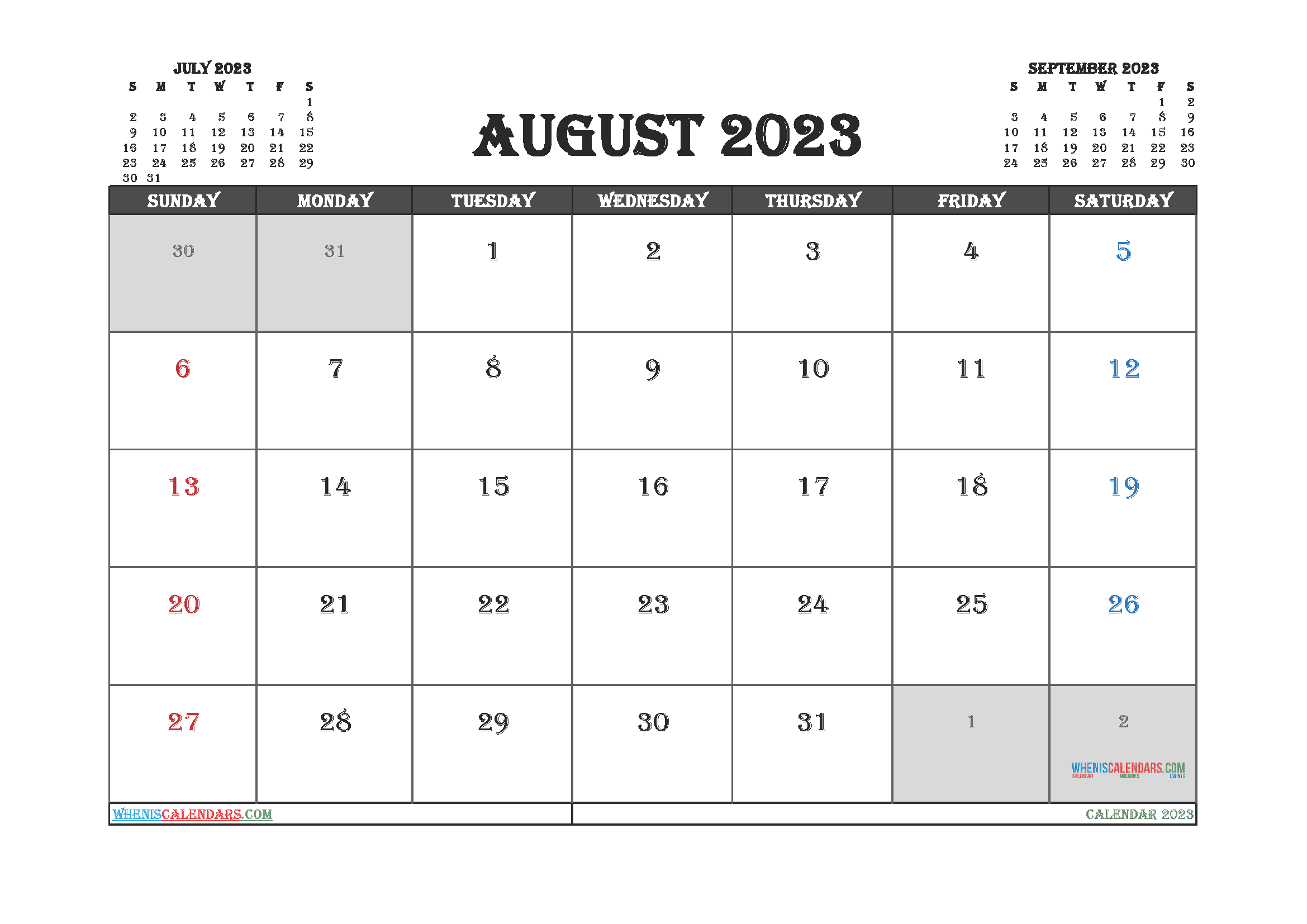 Free Printable August 2023 Calendar with Holidays PDF in Landscape