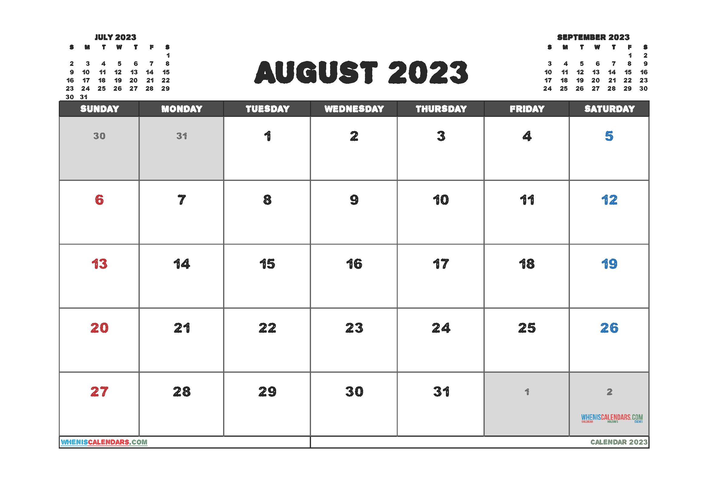Free August 2023 Calendar with Holidays Printable PDF in Landscape