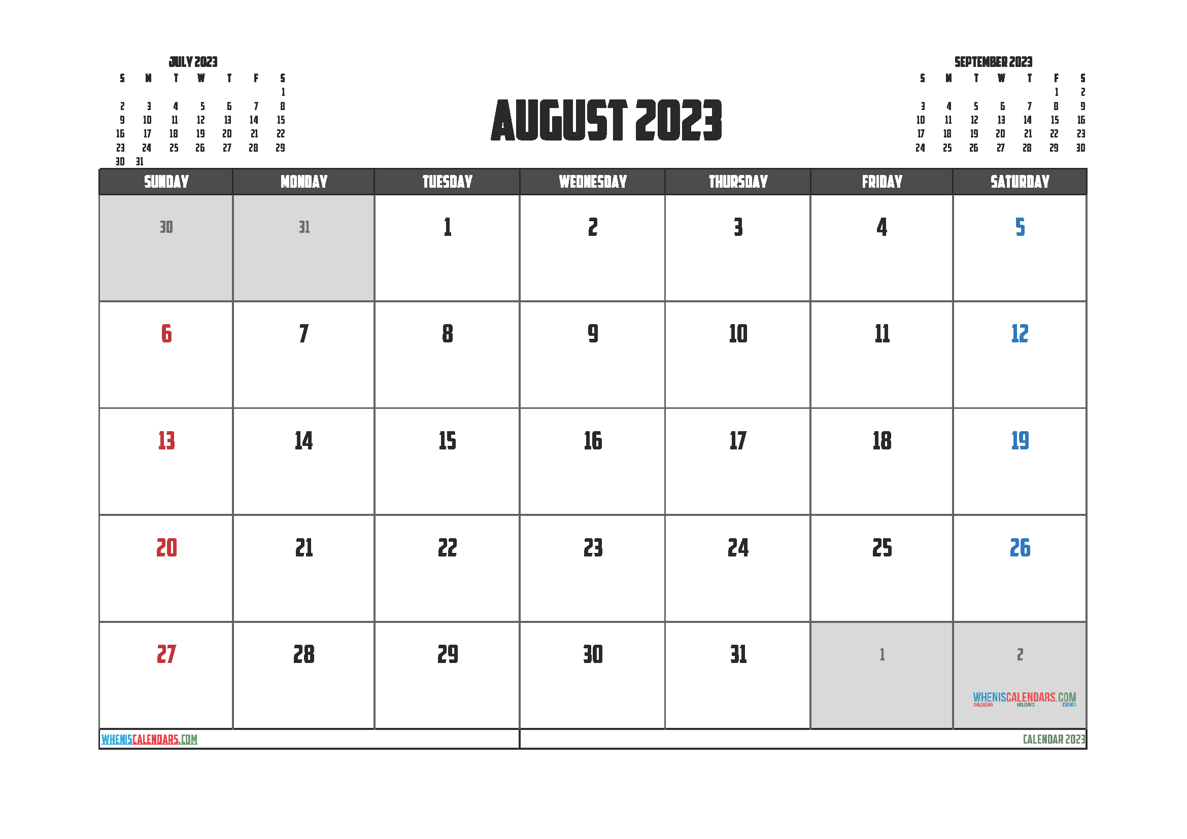 Printable August 2023 Calendar with Holidays Free PDF in Landscape