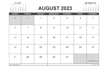 Free Calendar 2023 August with Holidays PDF in Landscape (TMP: 823ha4hl7)