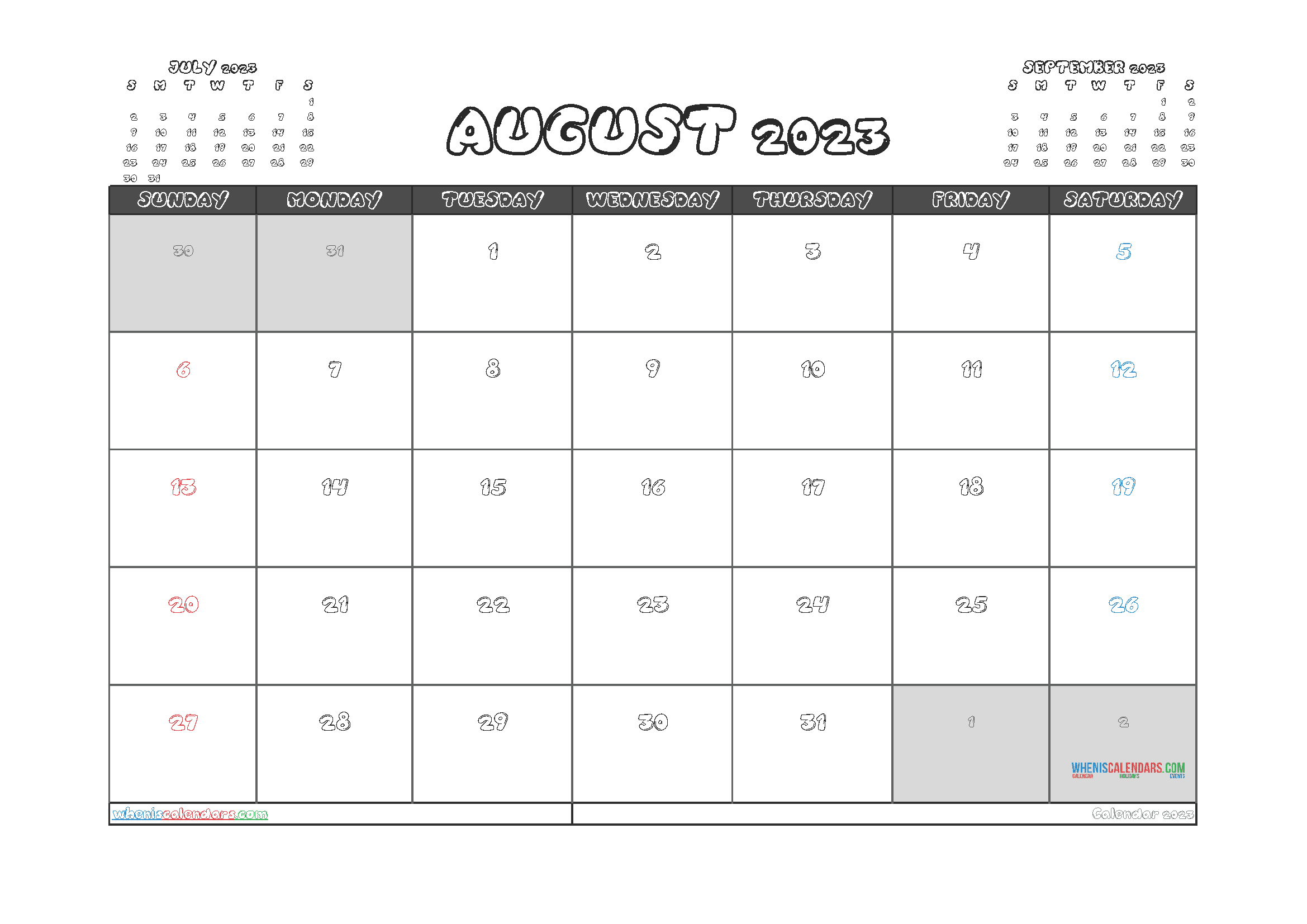 Free Printable Calendar August 2023 with Holidays PDF in Landscape