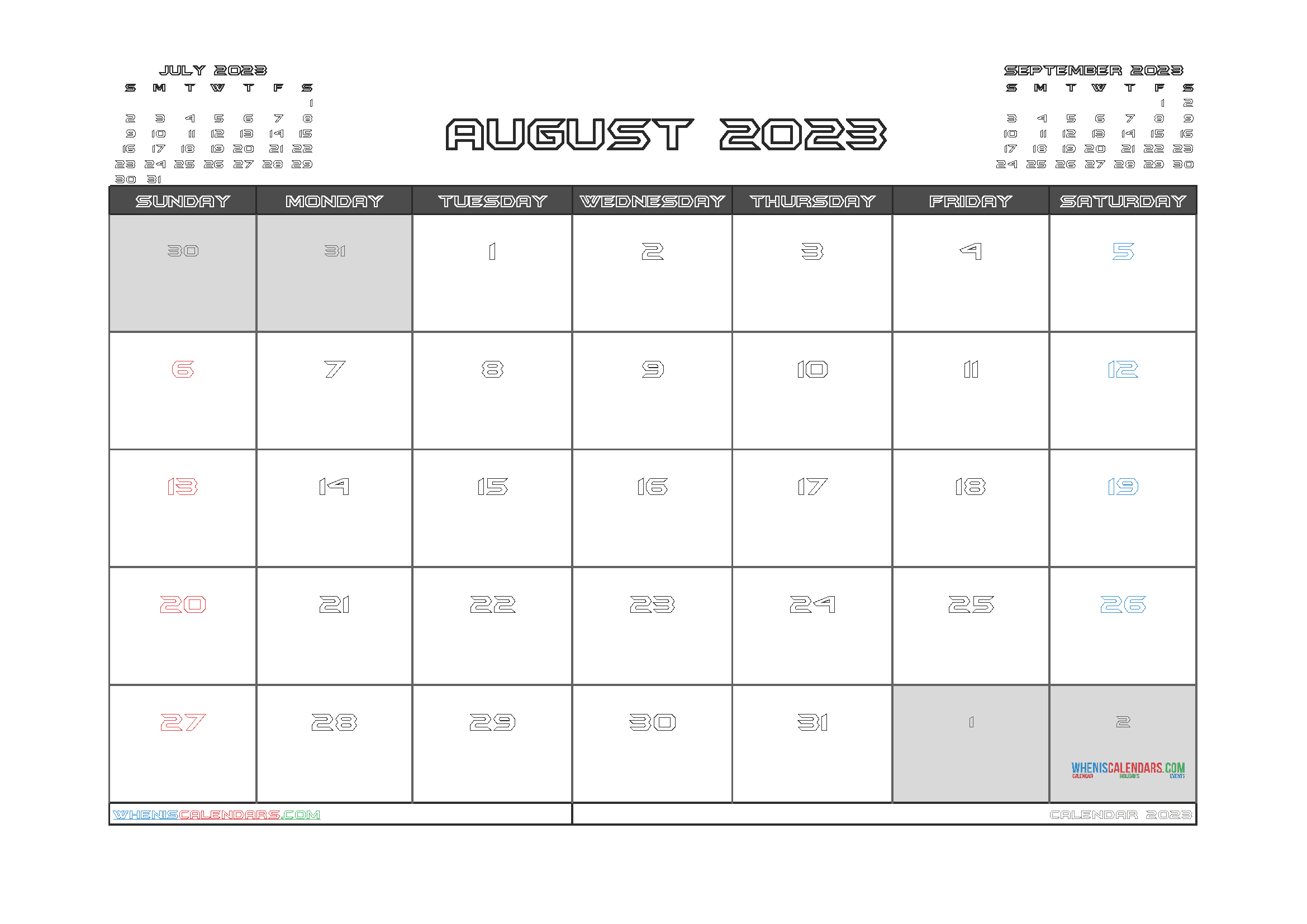 Free August 2023 Calendar with Holidays Printable PDF in Landscape
