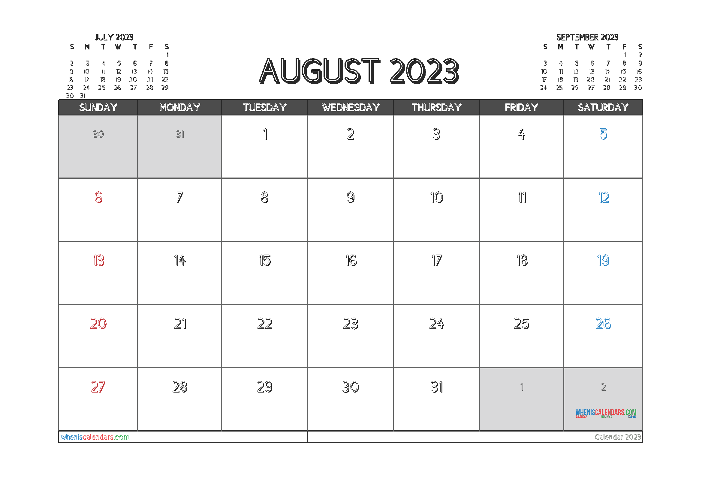 Free Printable Calendar August 2023 with Holidays PDF in Landscape