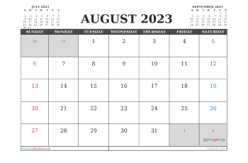 Downloadable August 2023 Calendar with Holidays Printable Free PDF in Landscape (TMP: 823ha4hl33)
