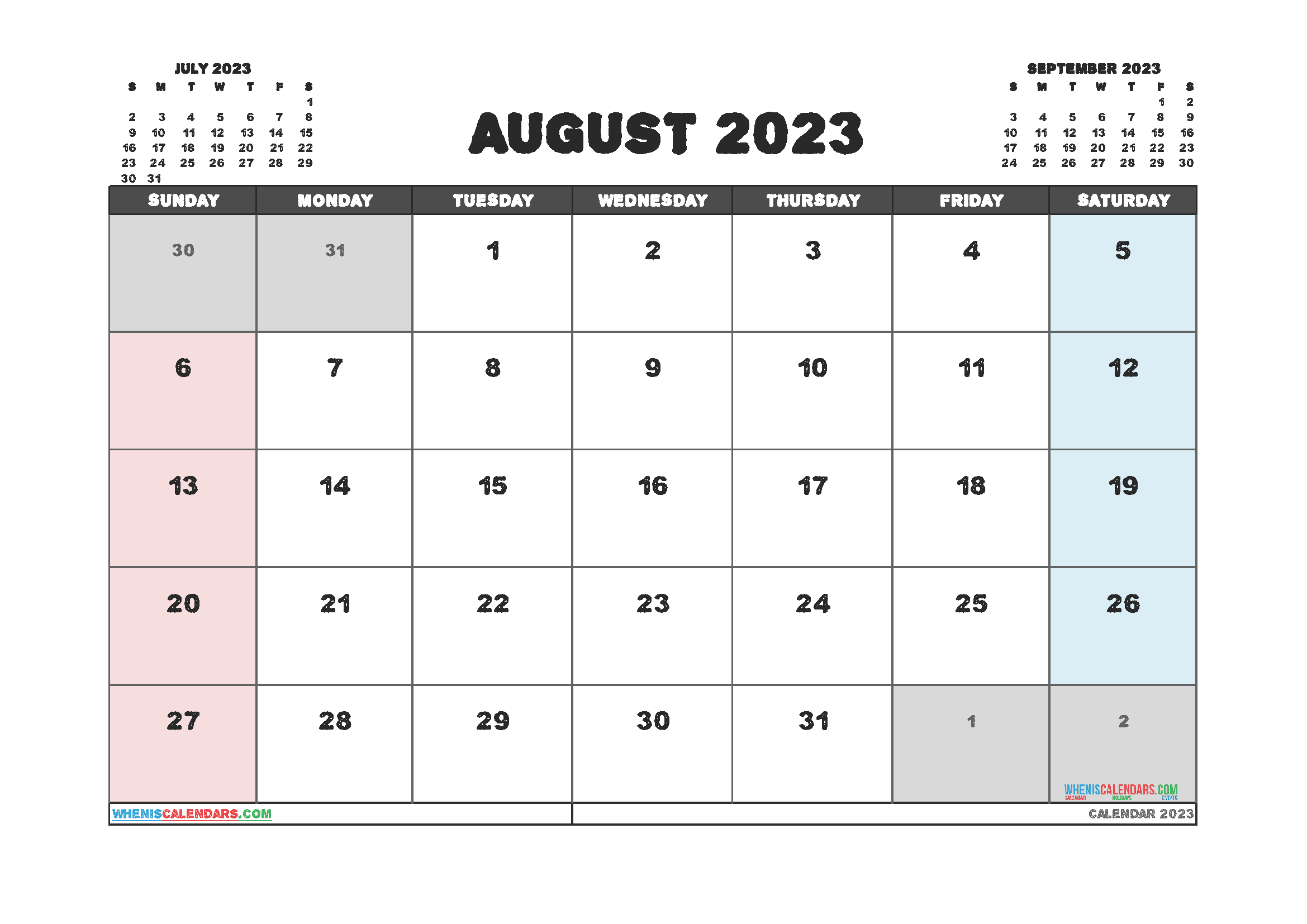 Free Calendar August 2023 with Holidays Printable PDF in Landscape