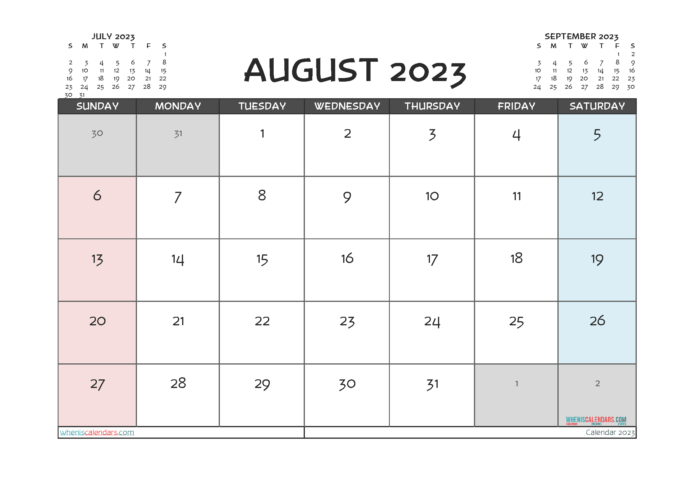 August 2023 Calendar with Holidays Free Printable PDF in Landscape