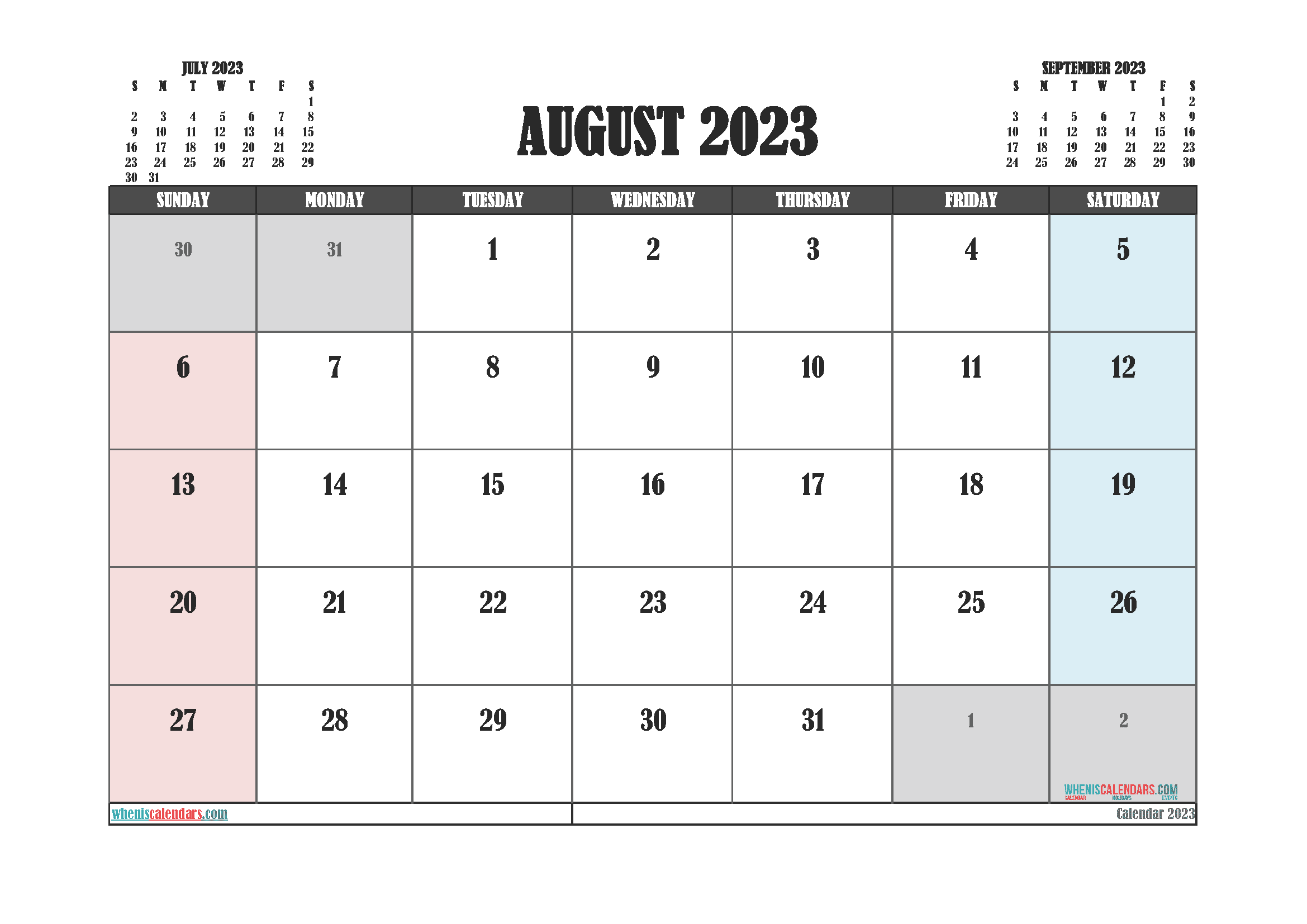Free Calendar 2023 August with Holidays PDF in Landscape