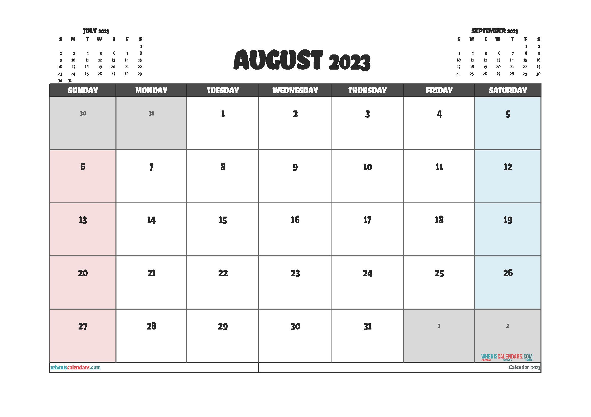 Downloadable August 2023 Calendar with Holidays Printable Free PDF in Landscape