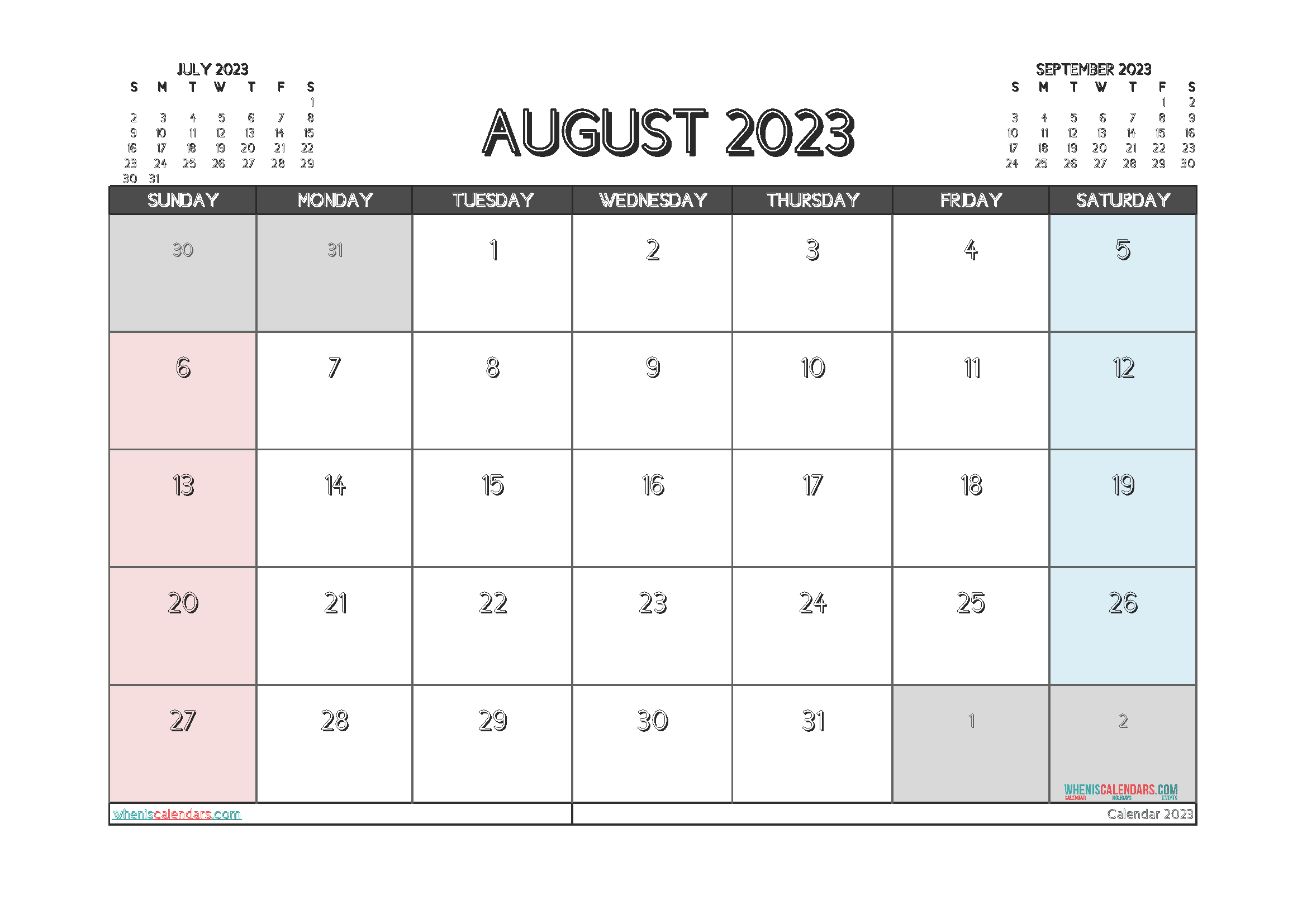 Free Printable Calendar 2023 August with Holidays PDF in Landscape