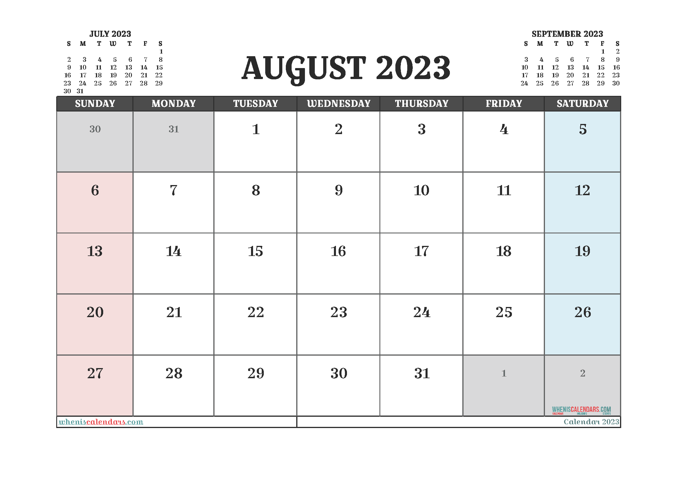 Free Calendar August 2023 with Holidays Printable PDF in Landscape