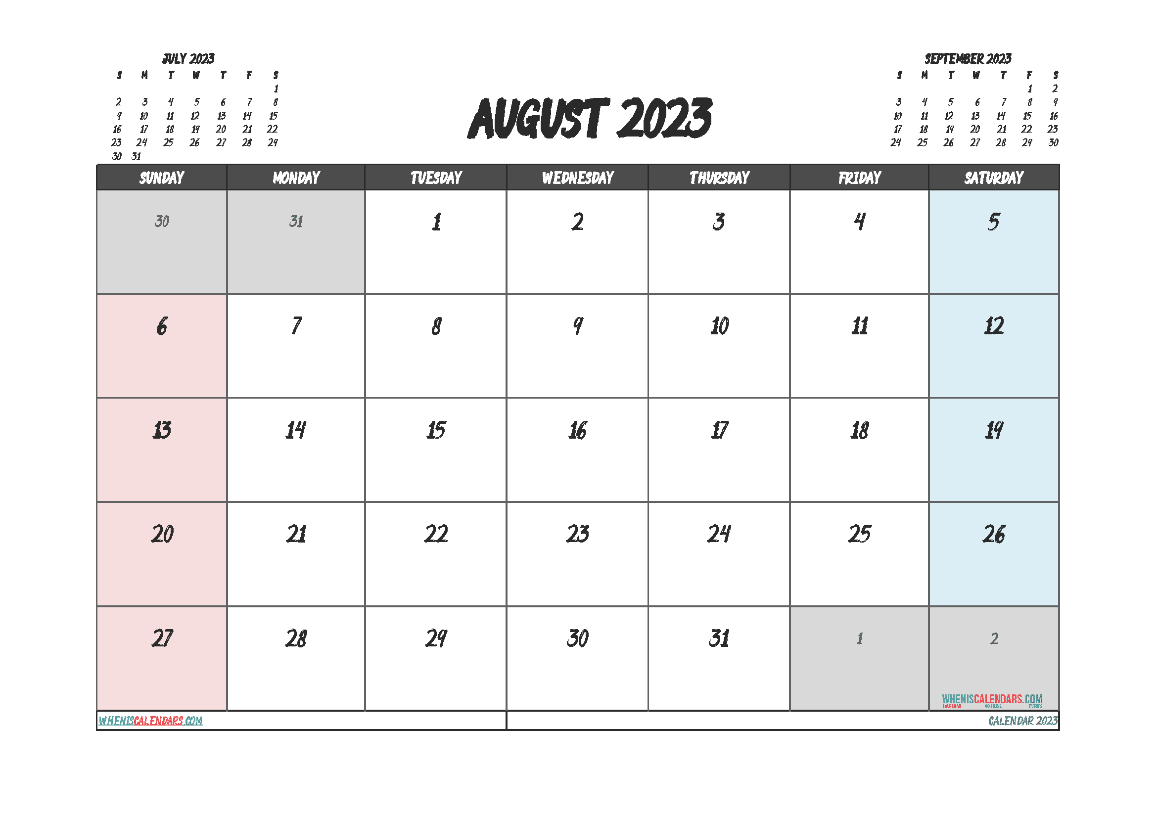 Printable August 2023 Calendar with Holidays Free PDF in Landscape