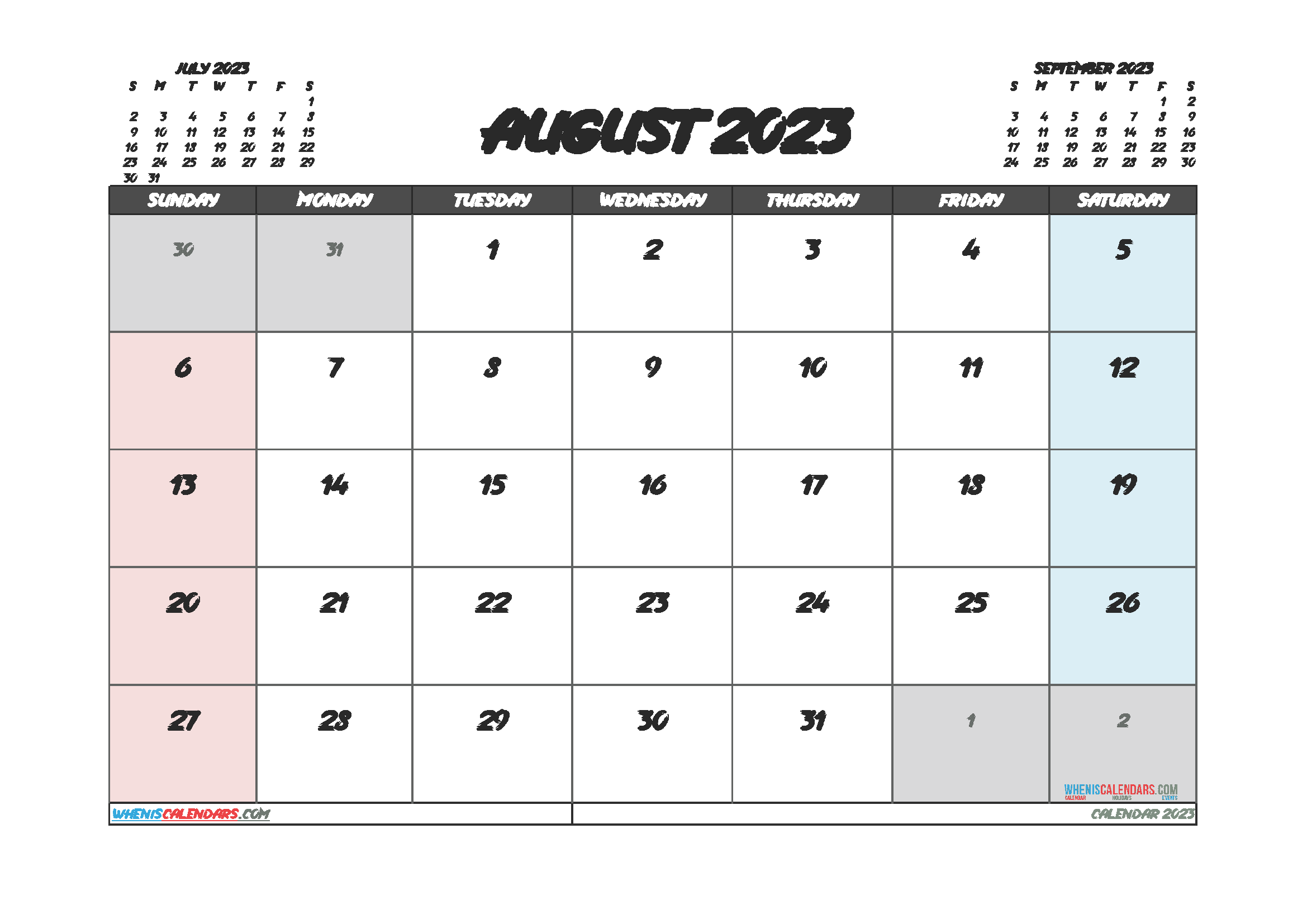 Downloadable August 2023 Calendar with Holidays Printable Free PDF in Landscape