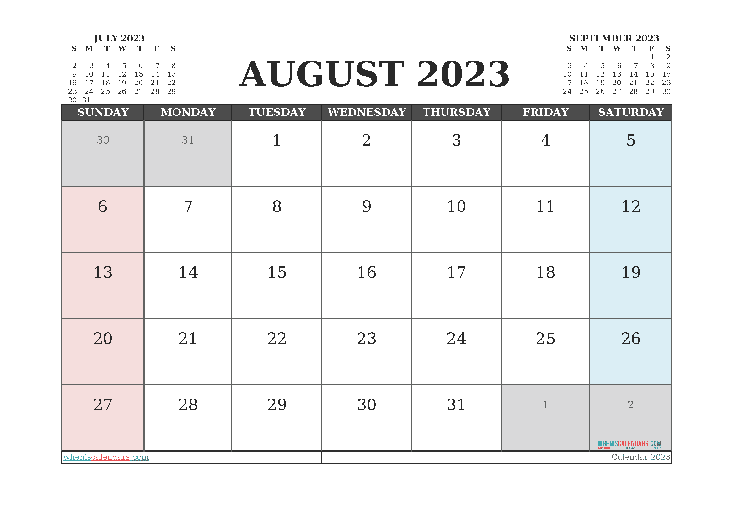 Free Calendar 2023 August with Holidays PDF in Landscape