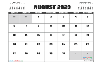 Printable August 2023 Calendar with Holidays Free PDF in Landscape (TMP: 823ha4hl113)