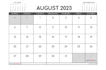 Downloadable August 2023 Calendar with Holidays Printable Free PDF in Landscape (TMP: 823ha4hl114)