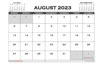 Free Calendar 2023 August with Holidays PDF in Landscape (TMP: 823ha4hl115)