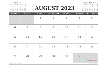 August 2023 Calendar with Holidays Free Printable PDF in Landscape (TMP: 823ha4hl119)