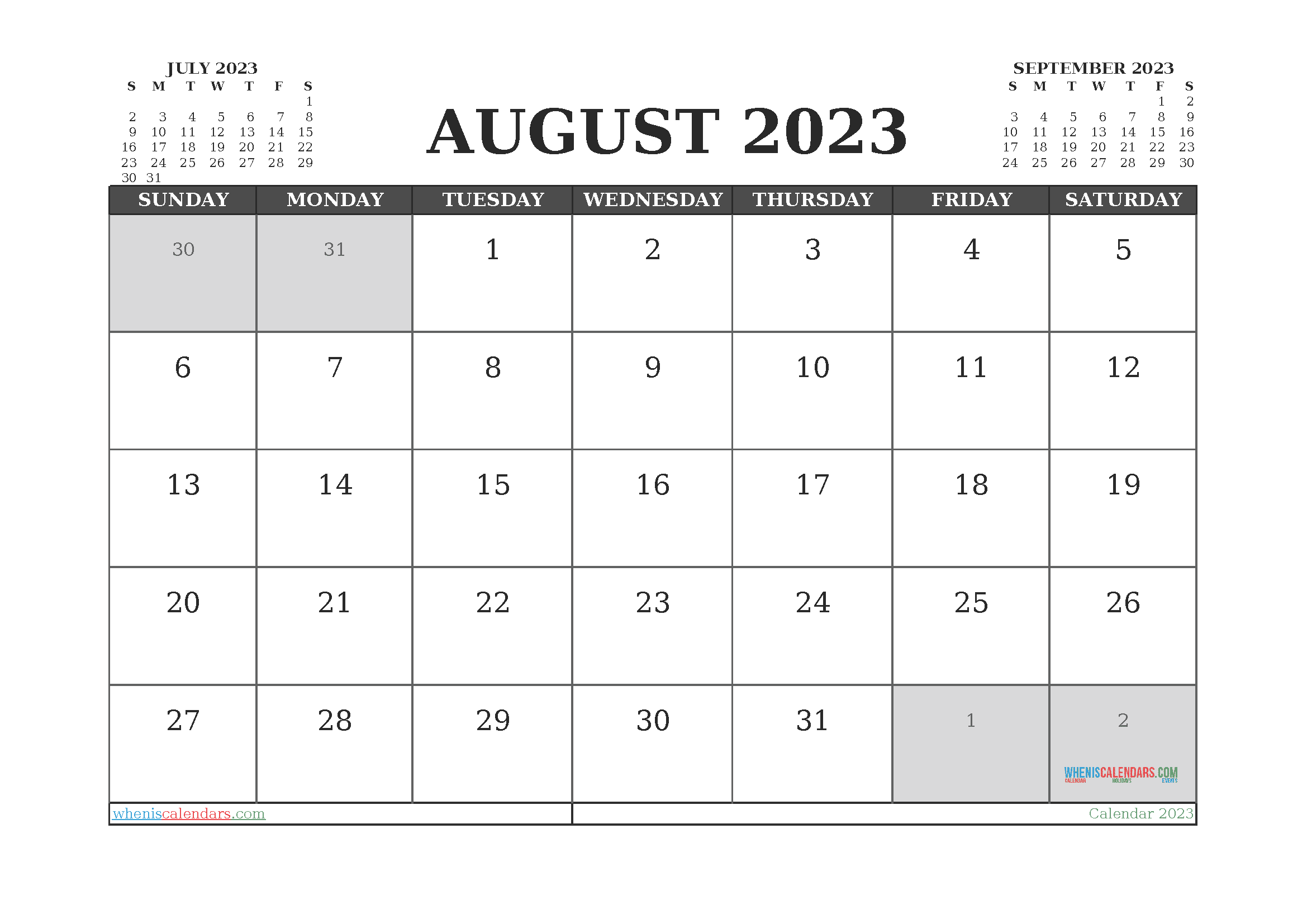 August 2023 Calendar with Holidays Free Printable PDF in Landscape