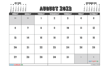 Free Calendar August 2023 with Holidays Printable PDF in Landscape (TMP: 823ha4hl121)
