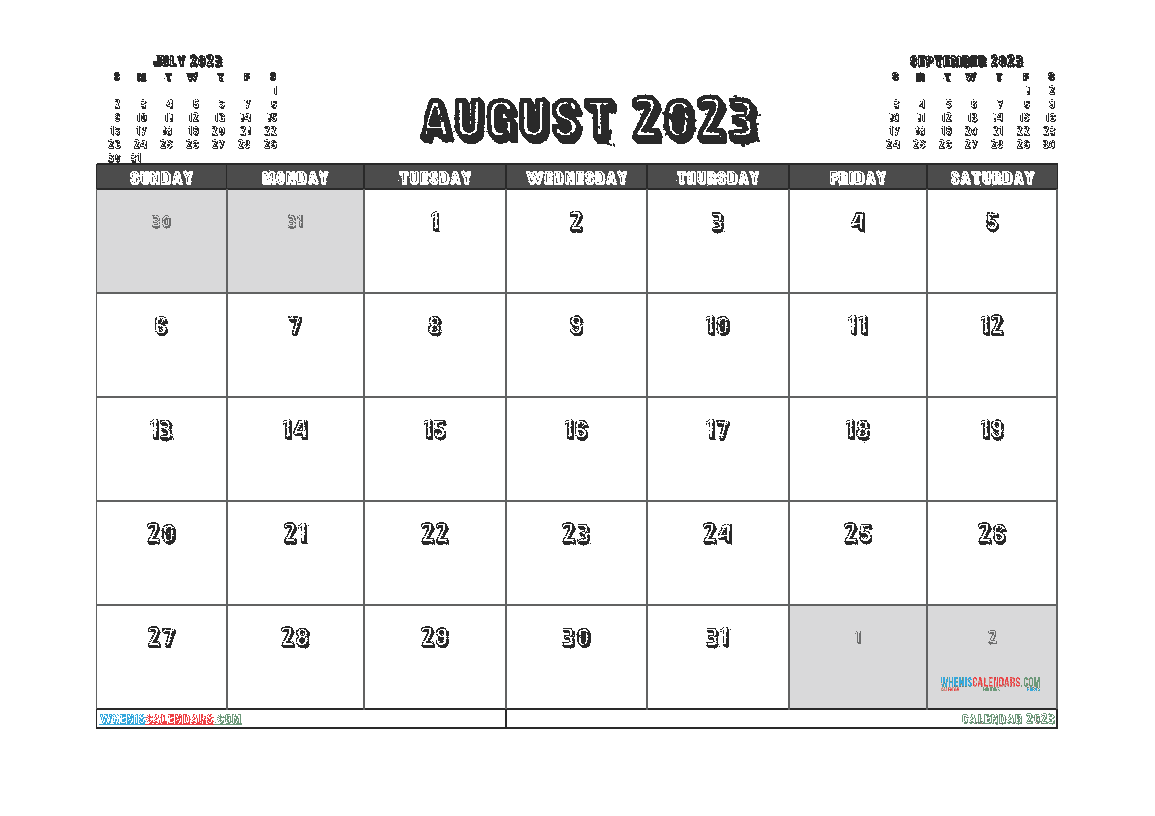 Free Printable August 2023 Calendar with Holidays PDF in Landscape