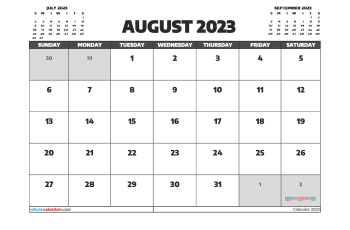 Downloadable August 2023 Calendar with Holidays Printable Free PDF in Landscape (TMP: 823ha4hl123)