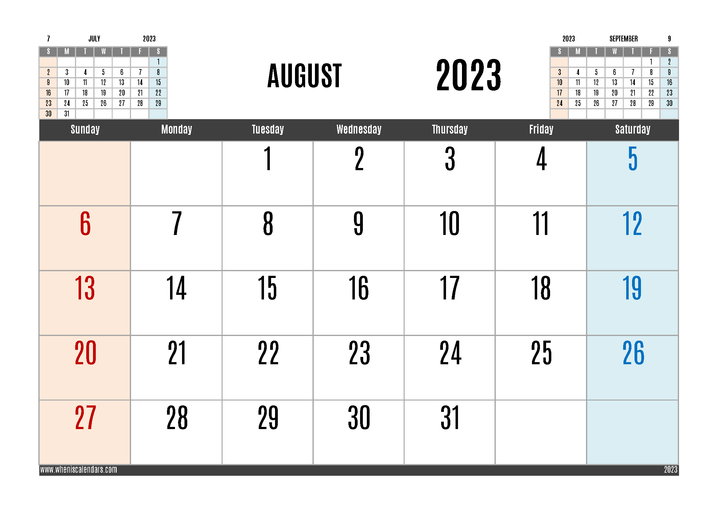 August 2023 Free Printable Calendar in Variety Formats