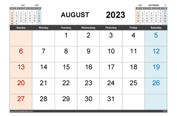Free Printable August 2023 Calendar with Holidays in PDF and Image