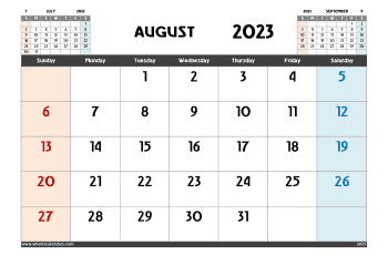 Downloadable free printable Calendar for August 2023 with Holidays in variety format and orientation