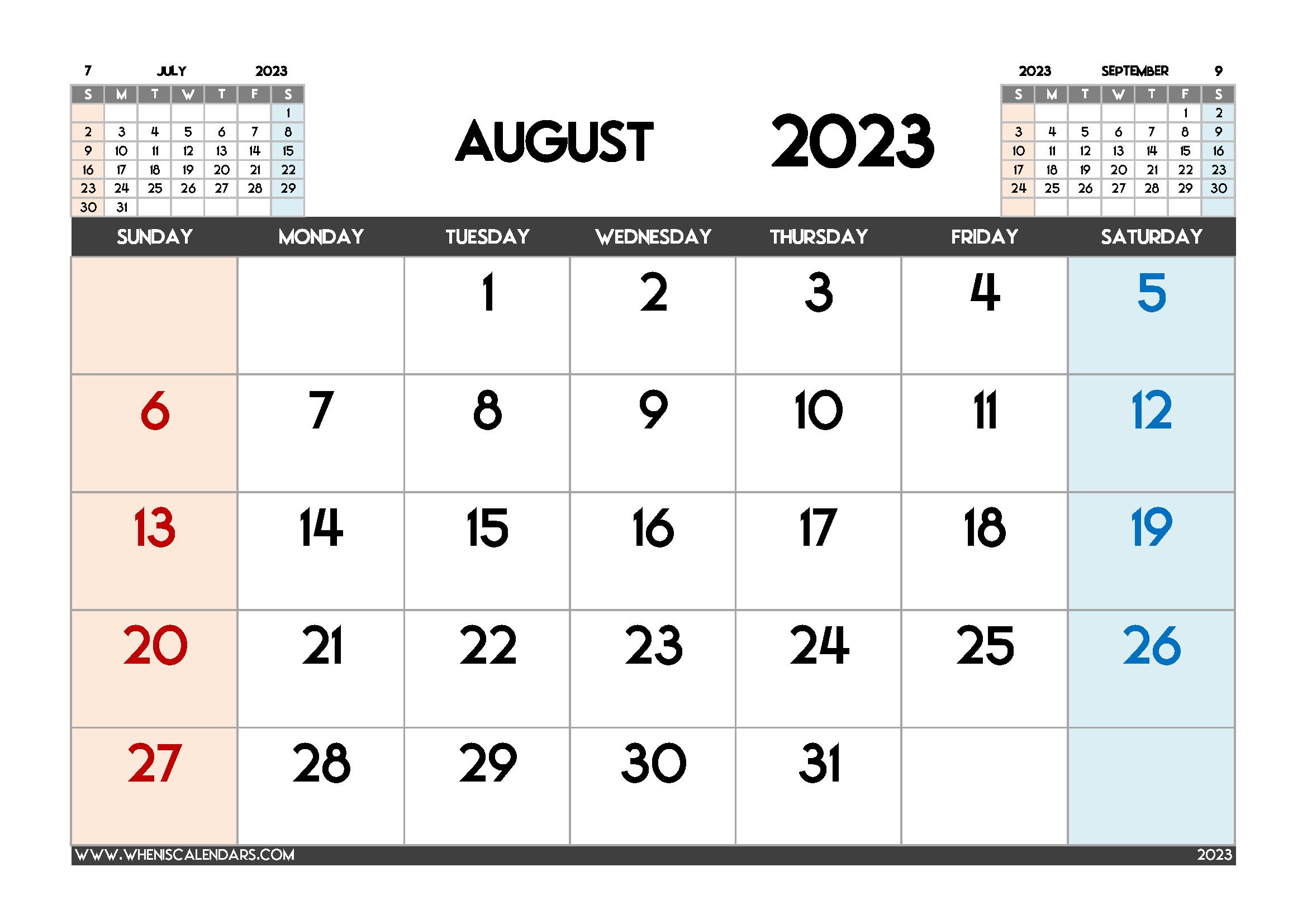 Printable August 2023 Calendar Free PDF in Landscape