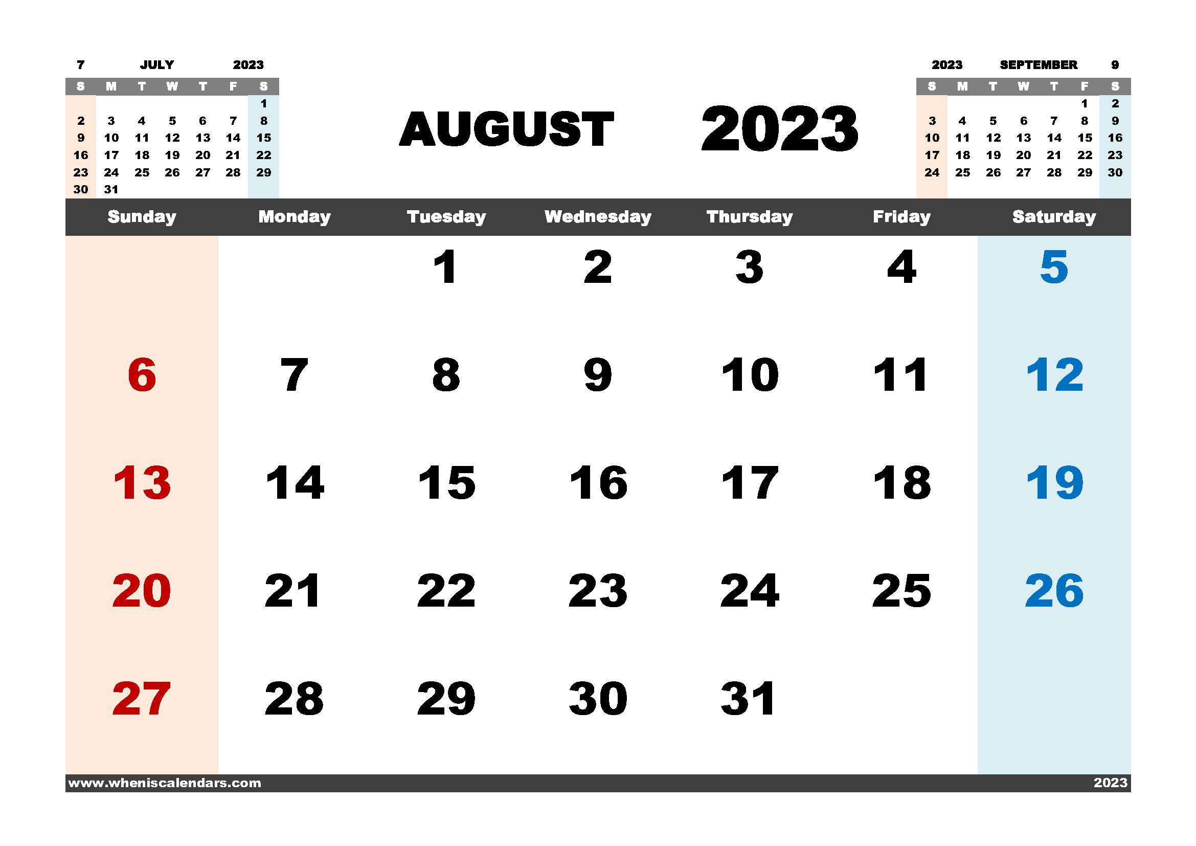 Free August 2023 Calendar Printable PDF in Landscape Format