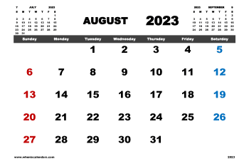 Free Printable August 2023 Calendar with Holidays in Variety Formats (Name: 823pna4hl10)