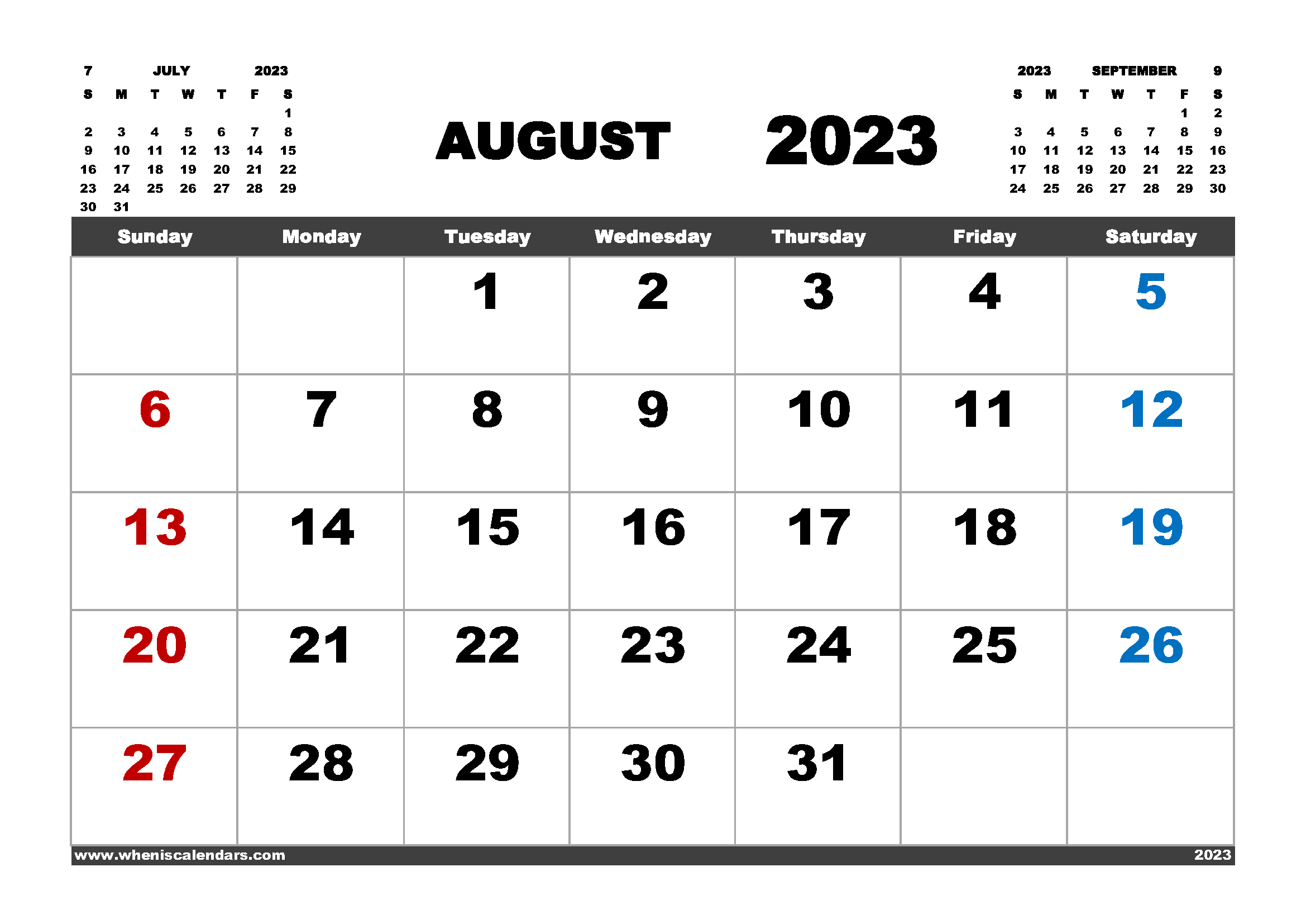 Free Printable Calendar August 2023 in Variety Formats