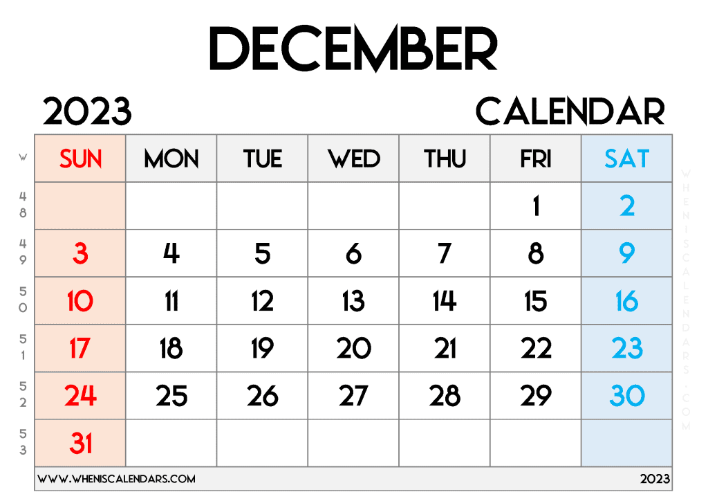 Free December 2023 Calendar with Week Numbers Printable Monthly Calendar in Landscape 