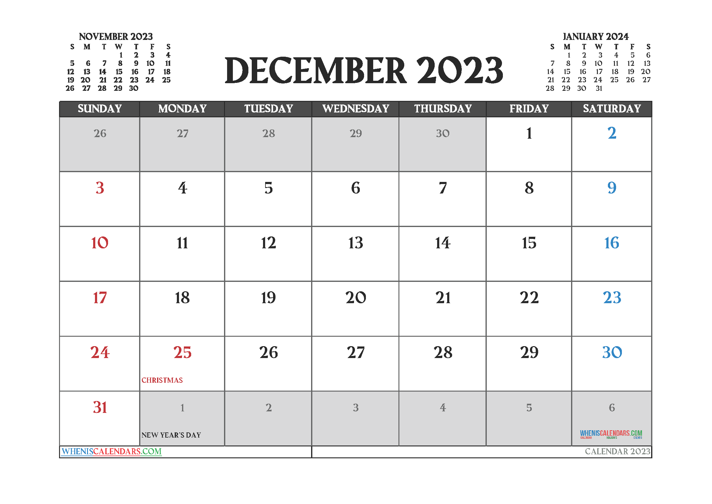 Download December 2023 monthly calendar free printable