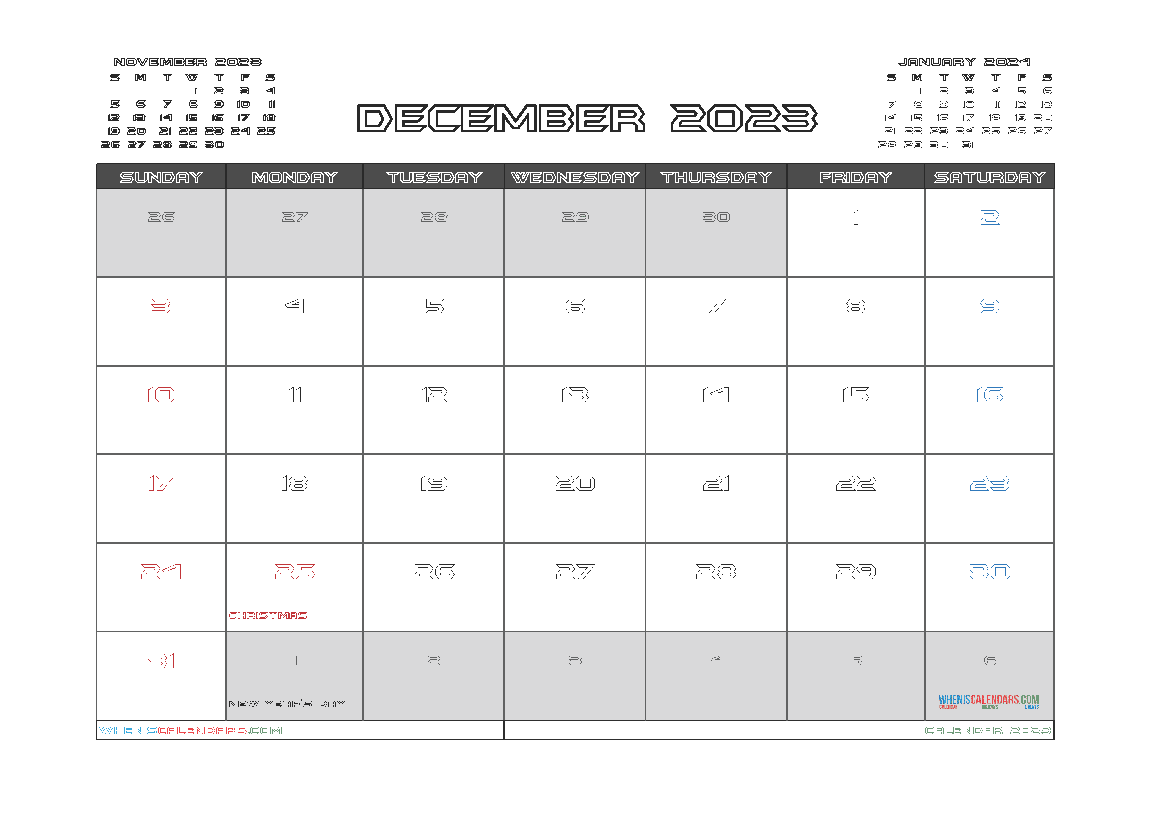 Free December 2023 Calendar with Holidays Printable PDF in Landscape