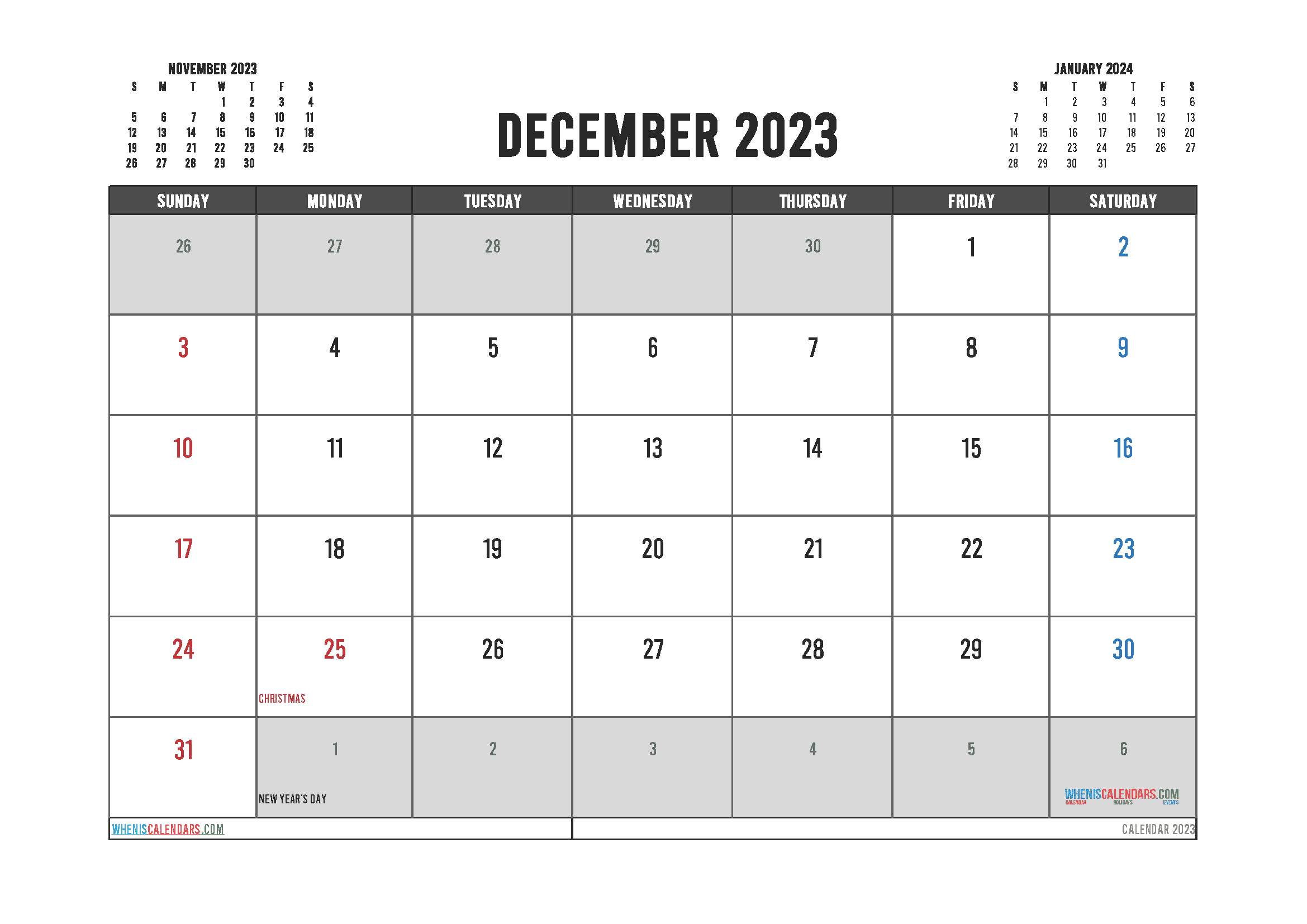 Printable December 2023 Calendar with Holidays Free PDF in Landscape