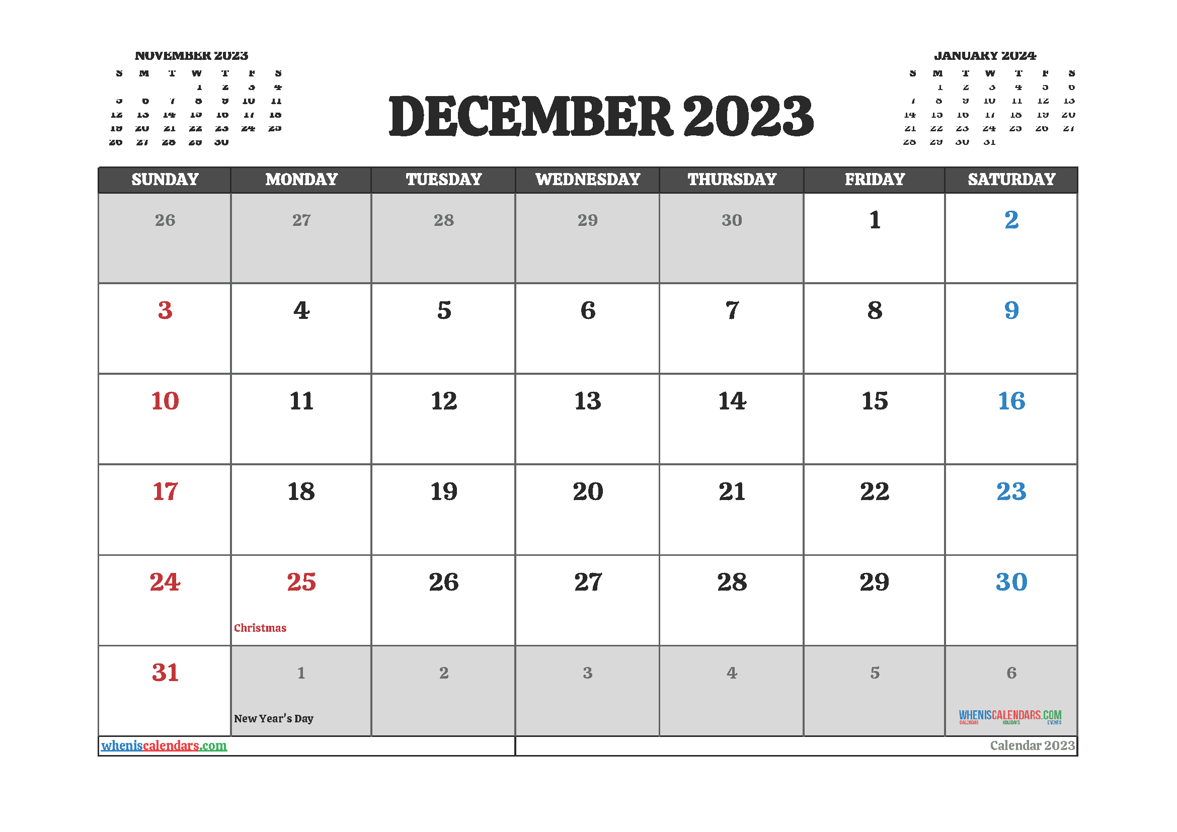 Free Printable December 2023 Calendar with Holidays PDF in Landscape