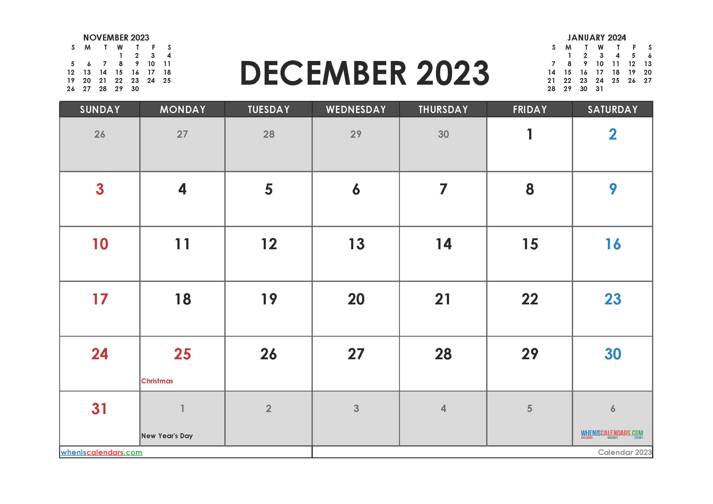 Download free printable calendar December 2023 with holidays
