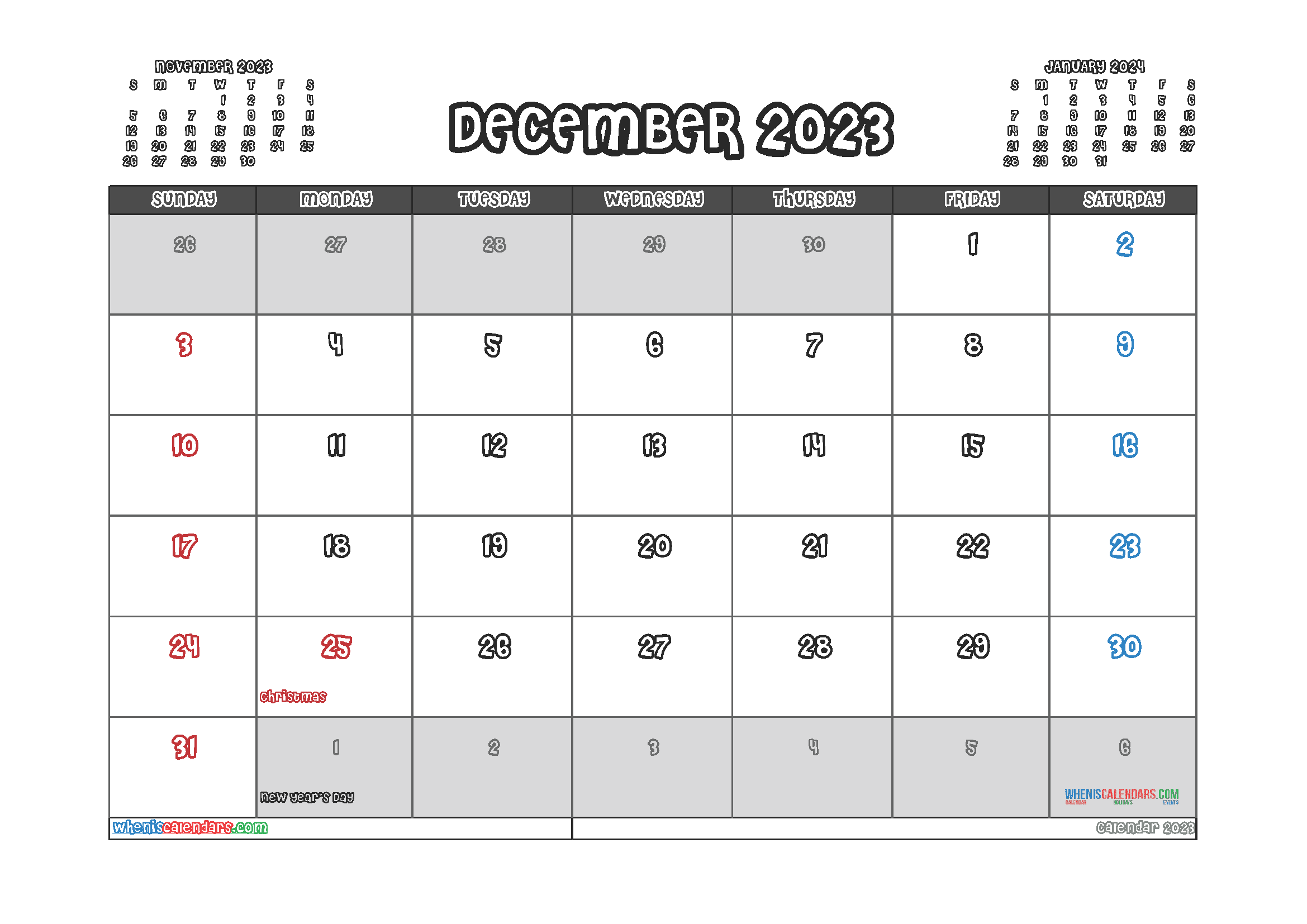 Download printable 2023 calendar December