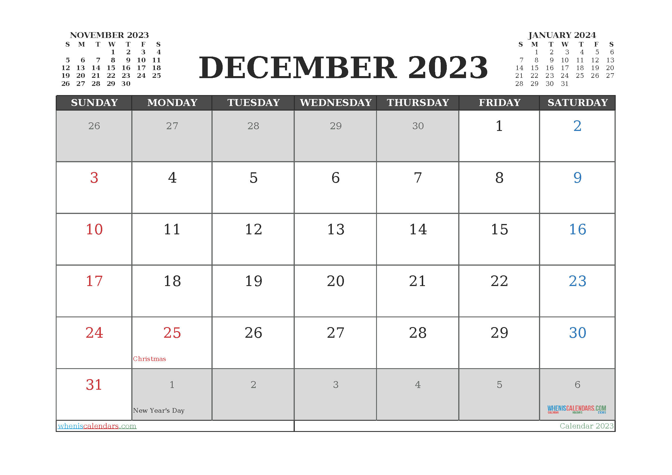 Download calendar printable December 2023