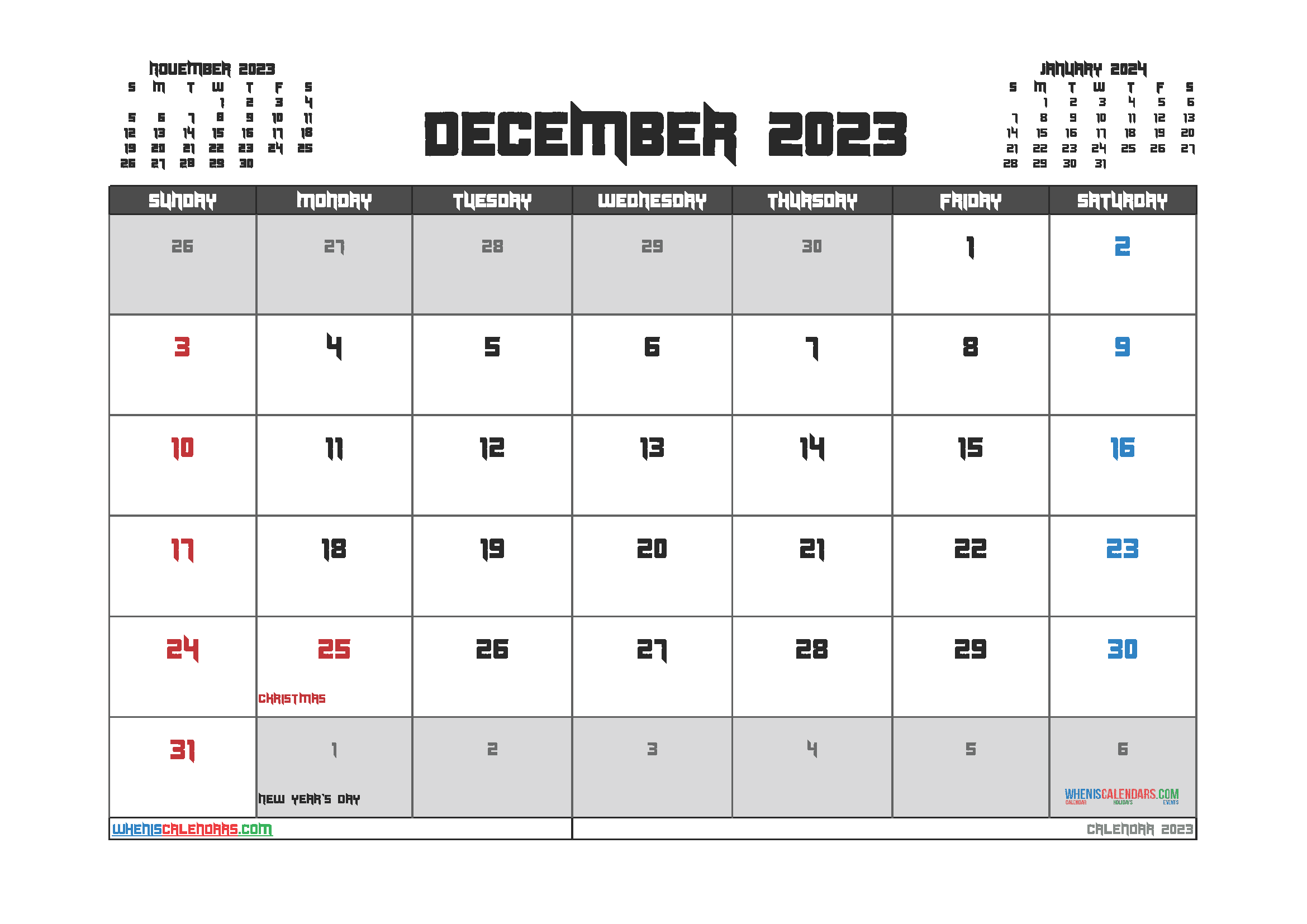 Download printable 2023 December calendar