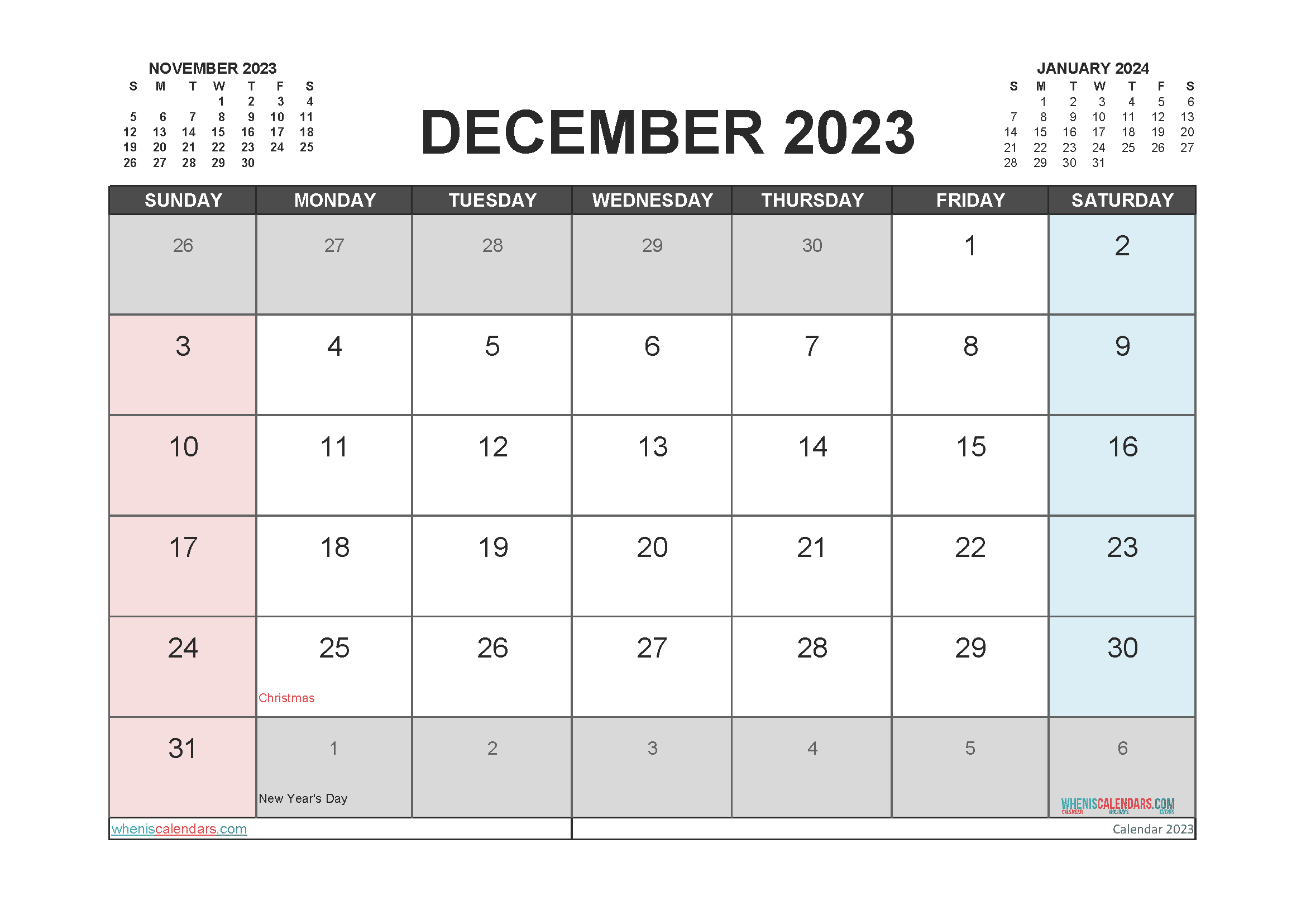 Free Printable Calendar December 2023 with Holidays PDF in Landscape