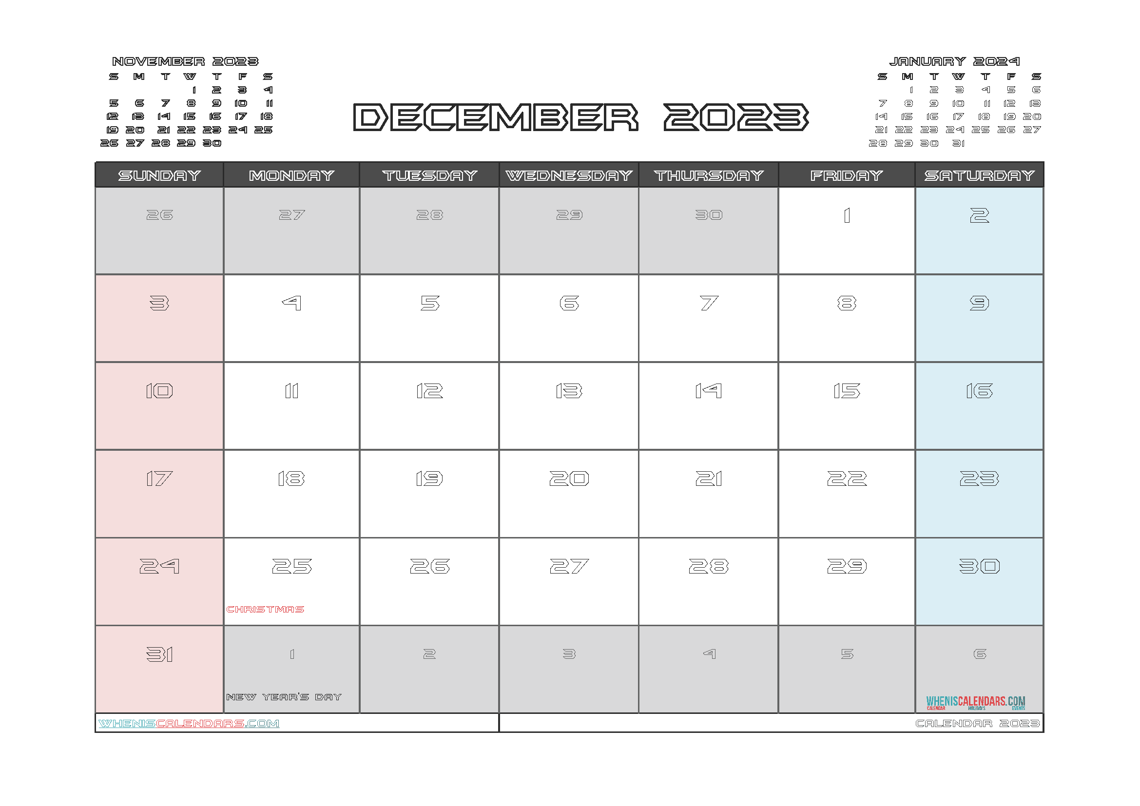Free Calendar December 2023 with Holidays Printable PDF in Landscape