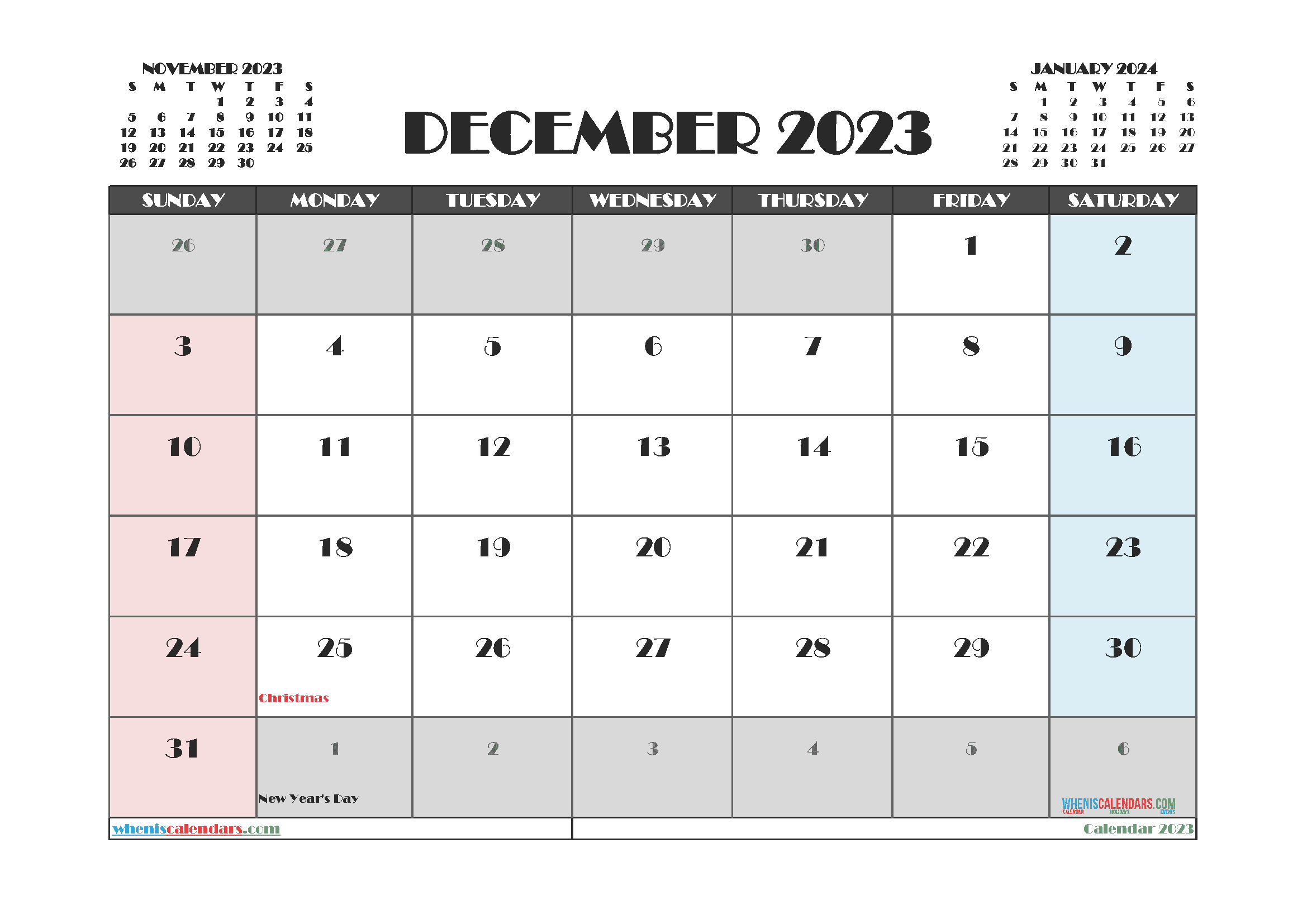Free Printable December 2023 Calendar with Holidays PDF in Landscape