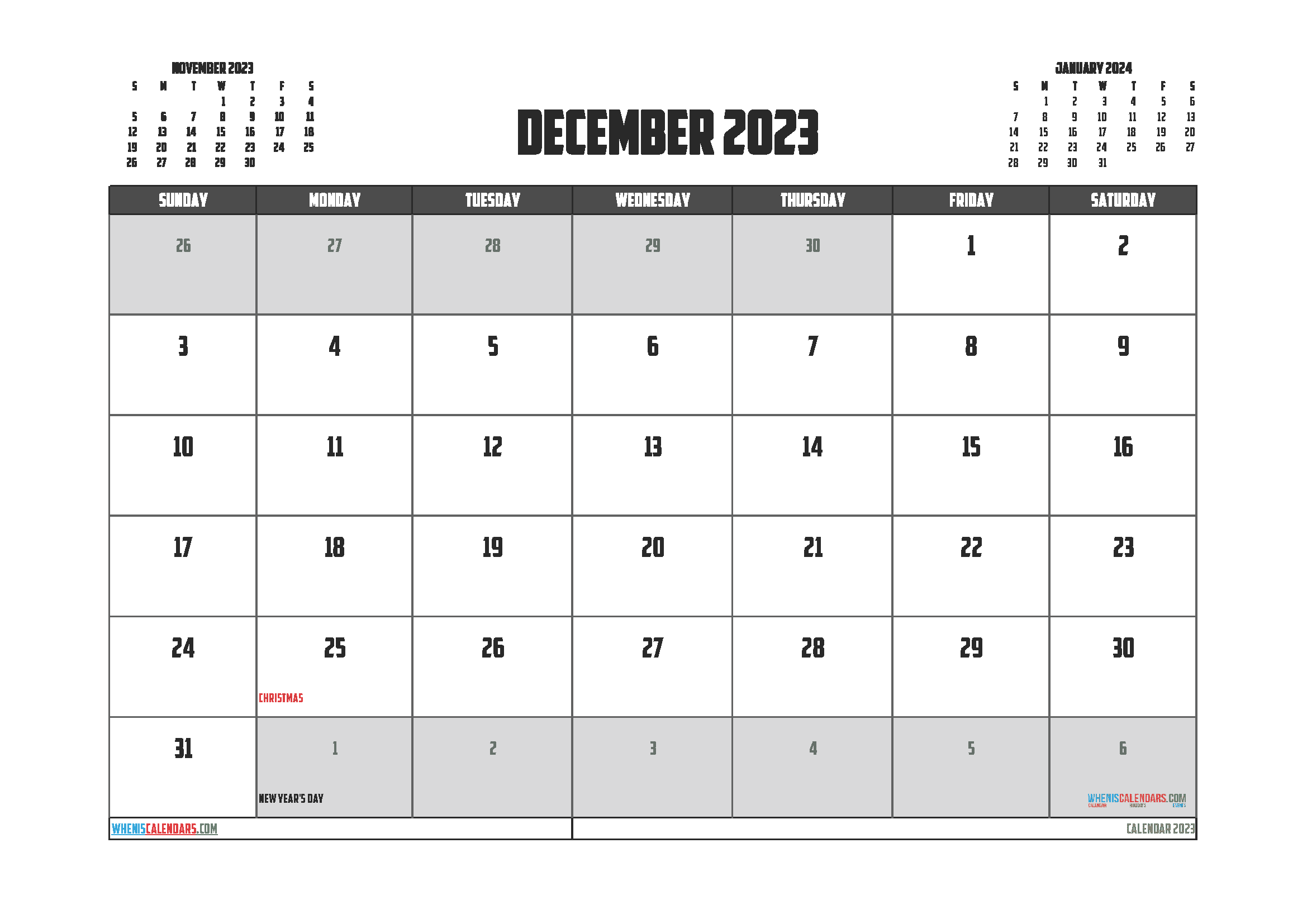 Free Calendar 2023 December with Holidays PDF in Landscape