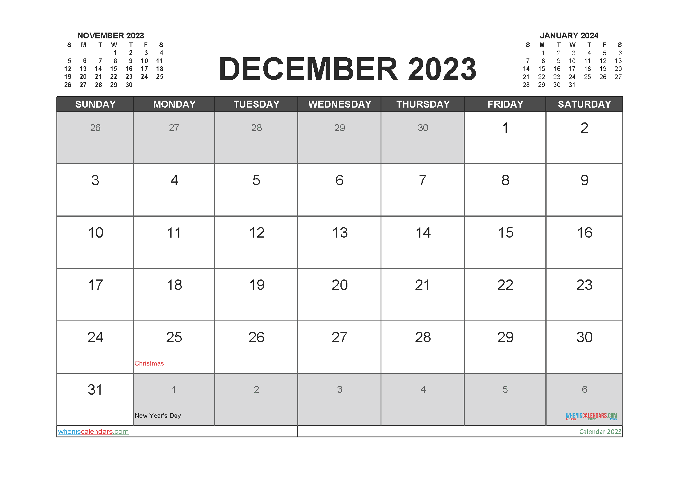 Download December printable calendar 2023 free