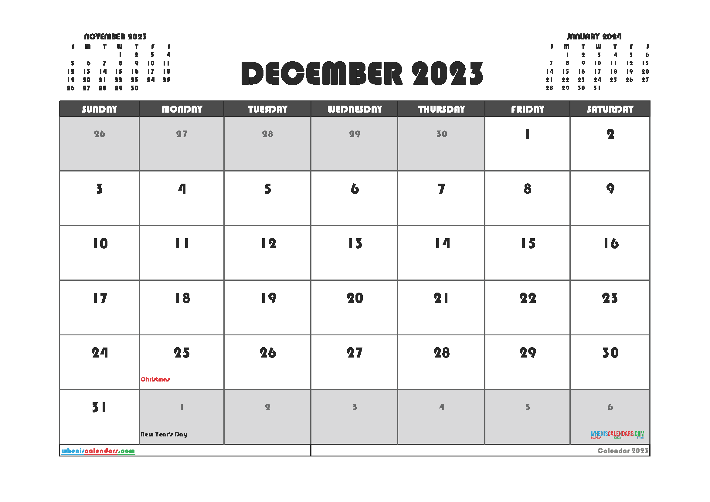 Download December 2023 calendar with holidays free printable